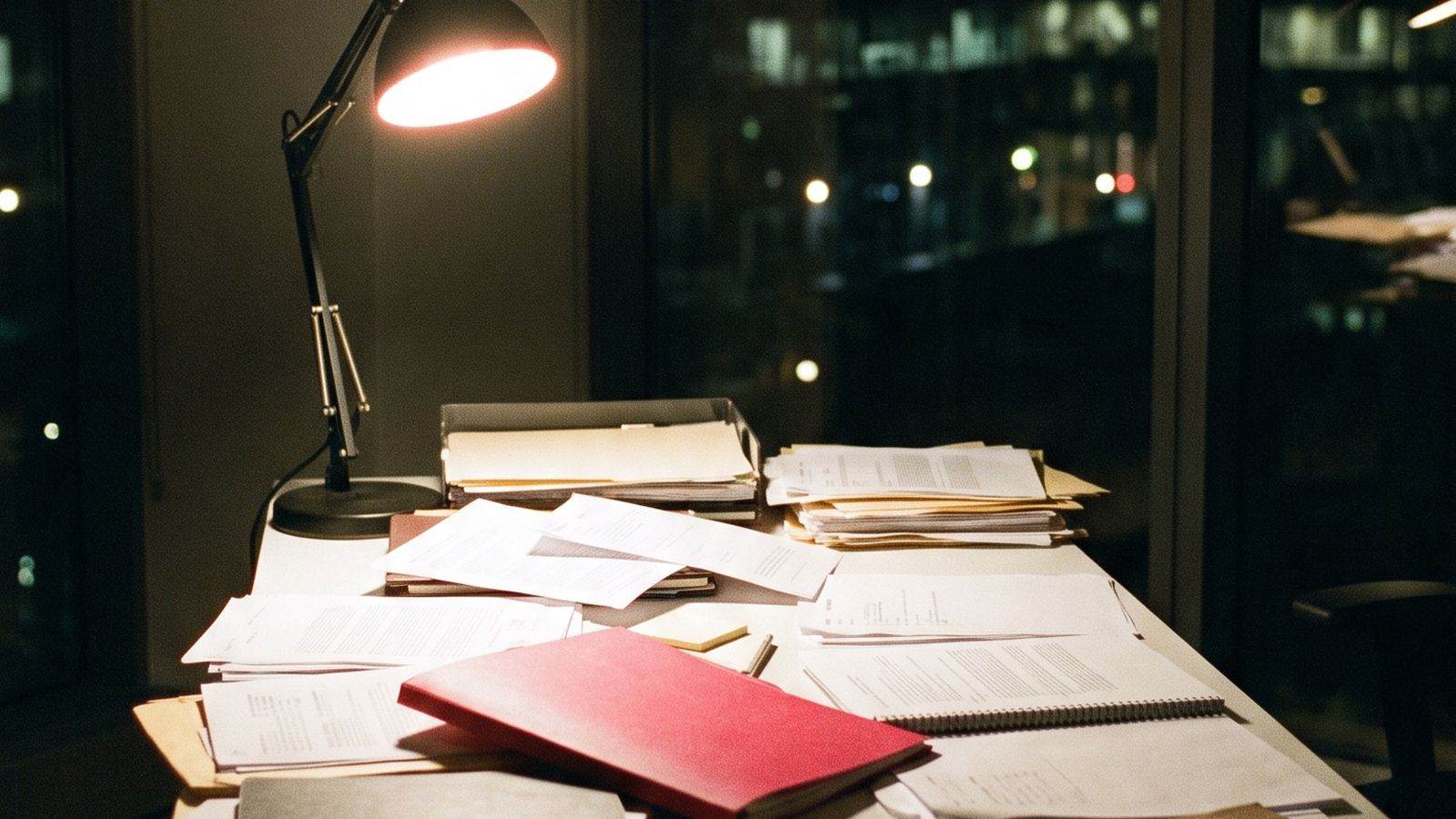 A desk at night under one lamp, papers and a red folder laid out for review, city lights through the window.